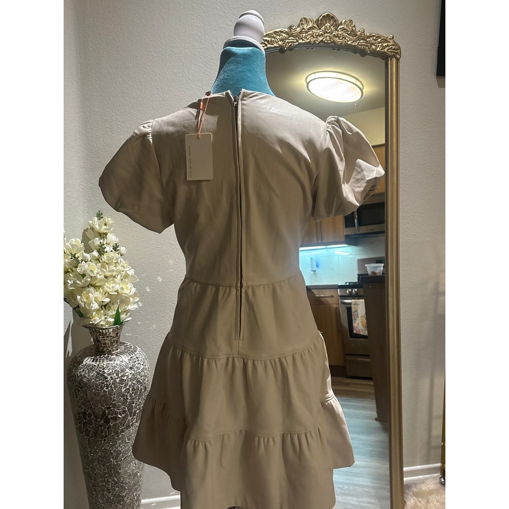 Everyday Skies Are Blue Faux Leather Tiered Mini Dress Puff Sleeve Beige Tan NEW - Picture 5 of 8